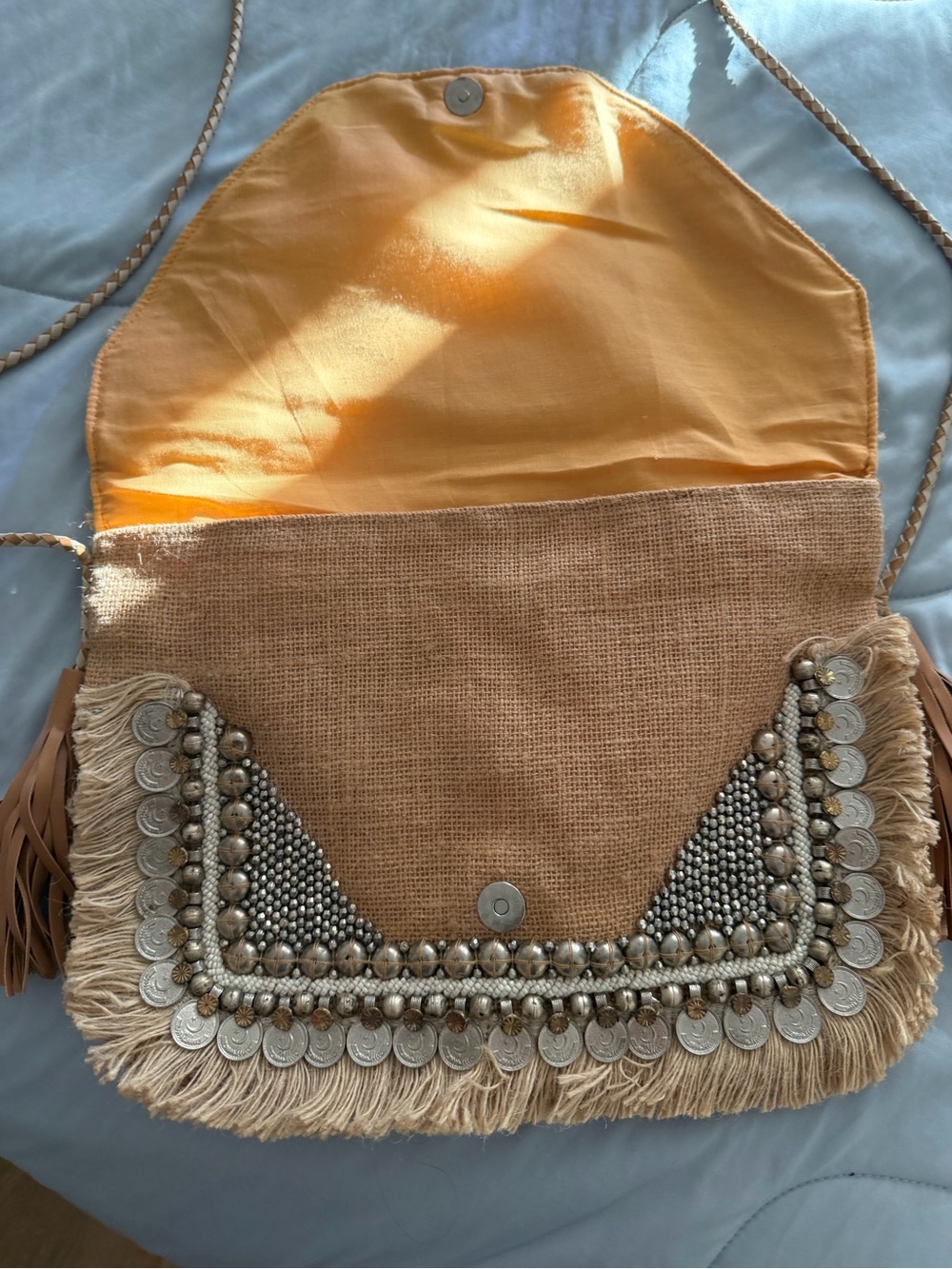 Shashi Leela Clutch - Boho Fringe Crossbody Bag with Coin & Bead Detail - Tan - Picture 2 of 4